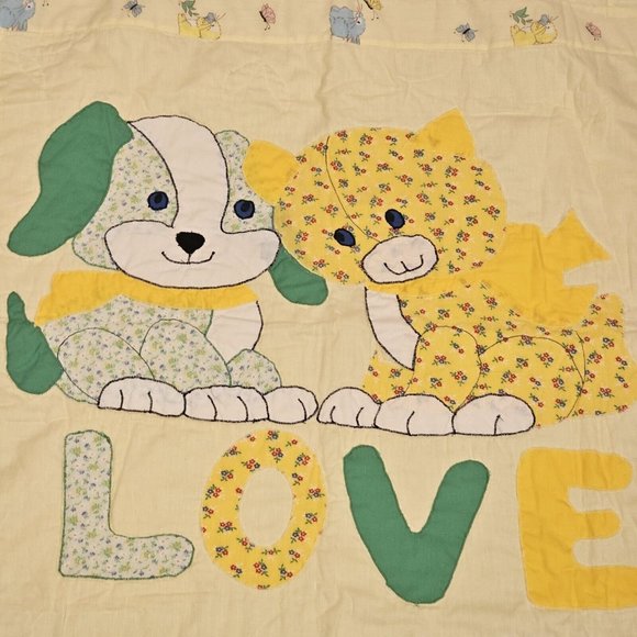 70s Retro Kitschy Dog Cat Yellow Baby Quilt Blanket Bunny Butterfly Ruffle Trim - Picture 2 of 11